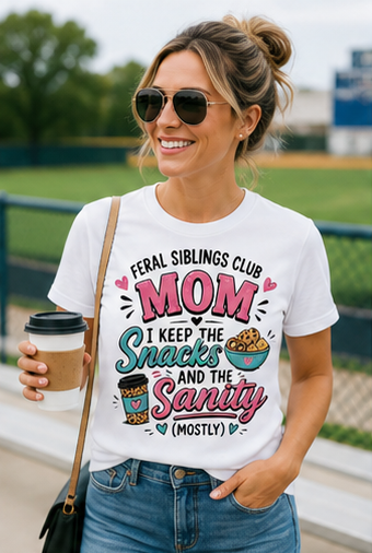 Feral Siblings Club Mom Shirt – I Keep the Snacks and the Sanity (Mostly) | Funny Mom Life Tee