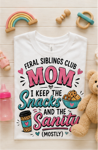 Feral Siblings Club Mom Shirt – I Keep the Snacks and the Sanity (Mostly) | Funny Mom Life Tee