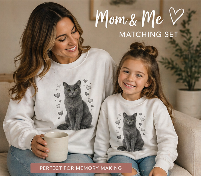 Mom & Me Matching Cat Shirts | Kids Cat Shirt | Women’s Cat Sweatshirt | Cute Grey Cat Lover Gift | Mommy and Me Outfit