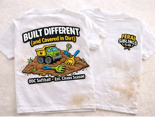 Feral Siblings Club Kids Shirt | Built Different (and Covered in Dirt) | Funny Kids Tee | Front Patch + Back Design | Ballpark & Playground Shirt