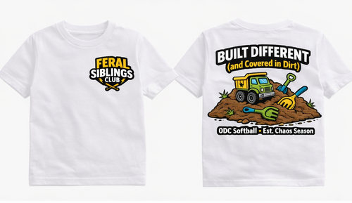 Feral Siblings Club Kids Shirt | Built Different (and Covered in Dirt) | Funny Kids Tee | Front Patch + Back Design | Ballpark & Playground Shirt