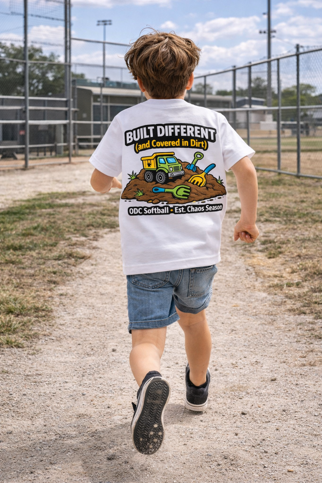 Feral Siblings Club Kids Shirt | Built Different (and Covered in Dirt) | Funny Kids Tee | Front Patch + Back Design | Ballpark & Playground Shirt