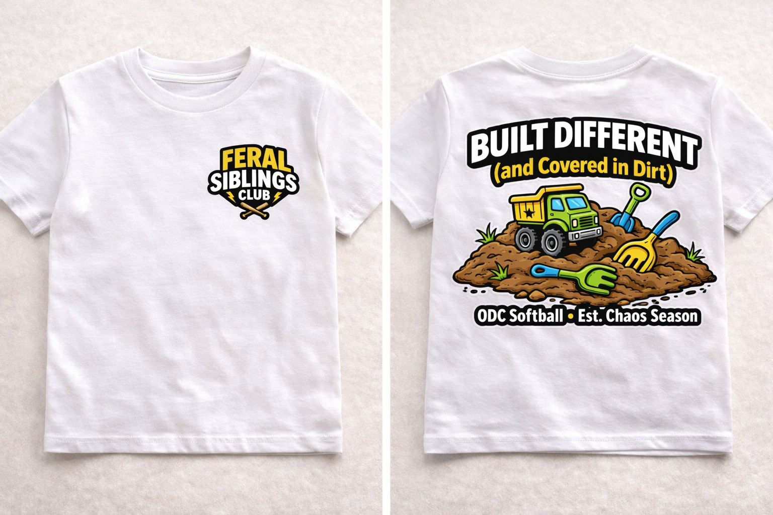 Feral Siblings Club Kids Shirt | Built Different (and Covered in Dirt) | Funny Kids Tee | Front Patch + Back Design | Ballpark & Playground Shirt