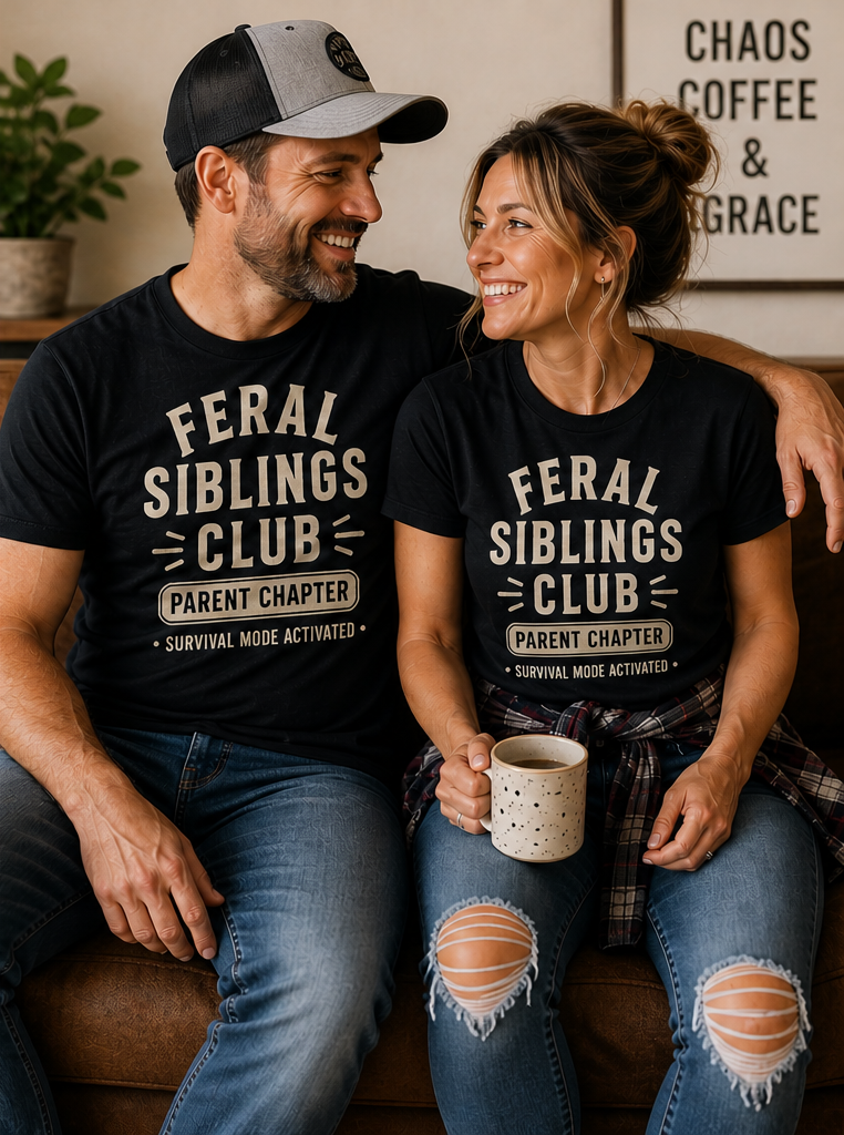 Feral Siblings Club Shirt – Parent Chapter | Survival Mode Activated Tee | Funny Mom & Dad Life Shirt