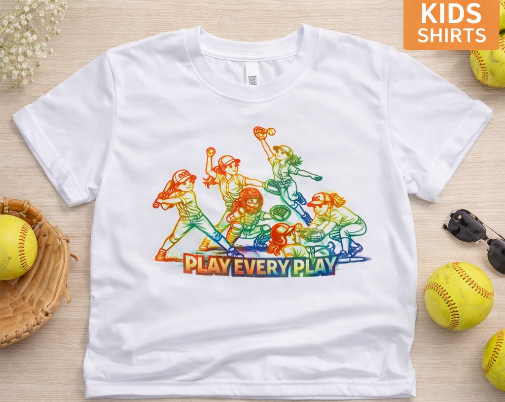 Youth Softball Shirt – Play Every Play Rainbow Design