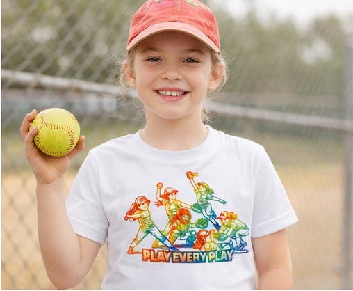 Youth Softball Shirt – Play Every Play Rainbow Design